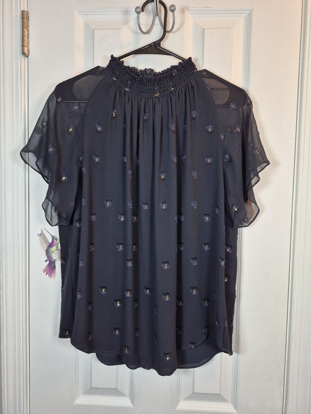 Camilla & Marc 100% Silk Sheer Ruffle Embellished Top Size 4 Navy Luxury Blouse